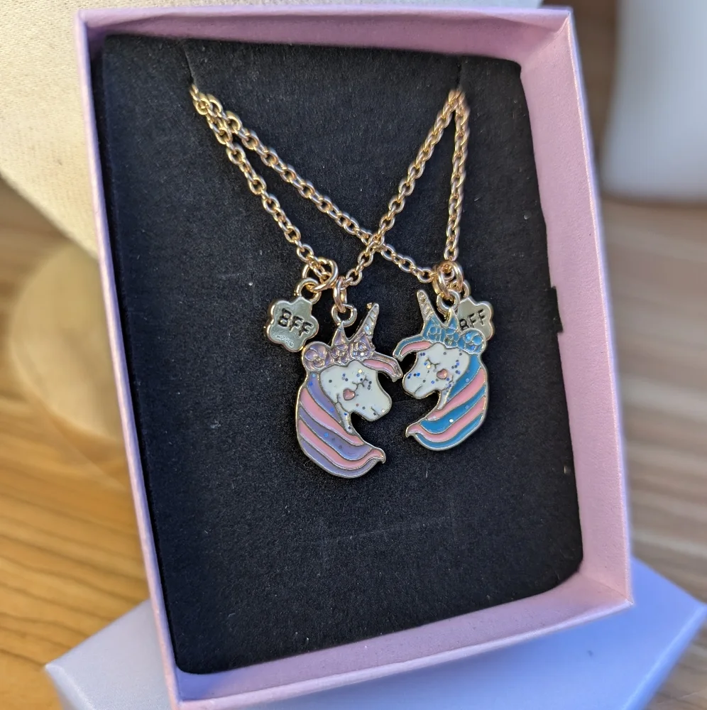 BFF Unicorn pony necklace set pastel rainbow gold tone gift pink purple blue